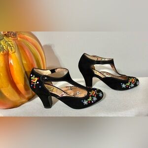 Miss L Fire Size 6 (36) Black Suede Embroidered T-Strap Retro Heels